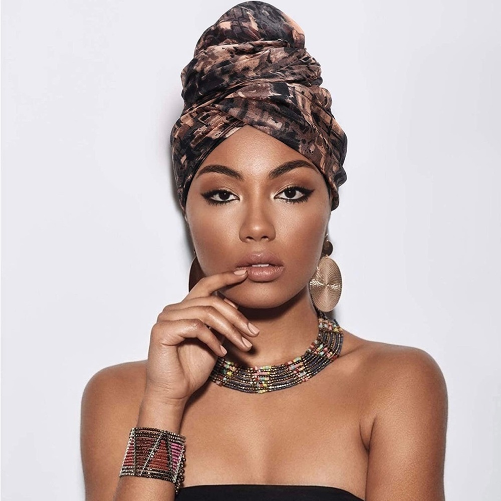 Brown Flower Print Turban Head Wraps